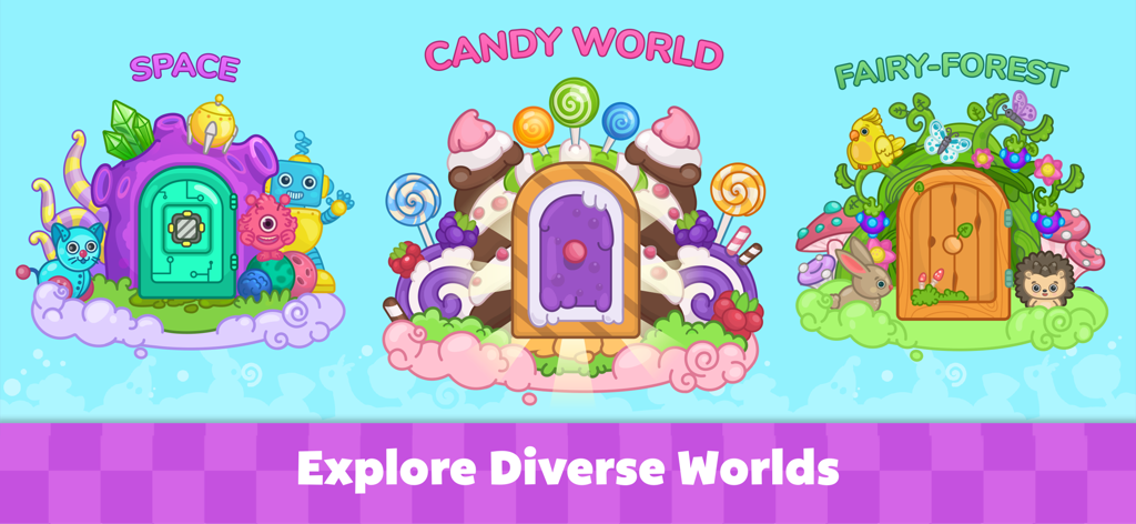 Cars Games for Kids & Toddlers - Three colorful themed world entrances for Space Candy World and Fairy Forest in a kids game