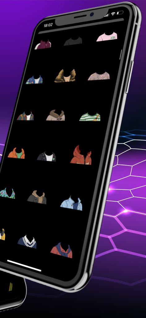 A mobile app screen showing a grid of different clothing and outfit options for creating an NFT character