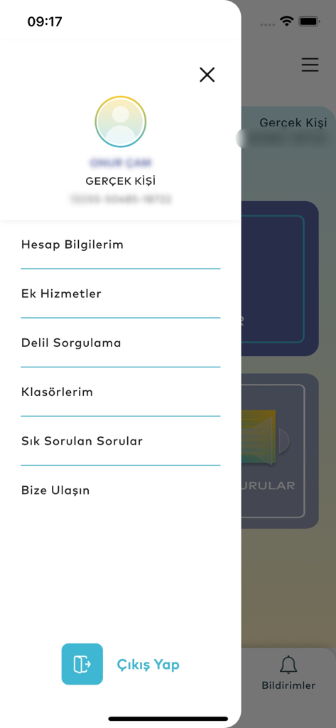 UETS PTT - Navigation sidebar menu of the UETS PTT app showing user account settings and legal notification options