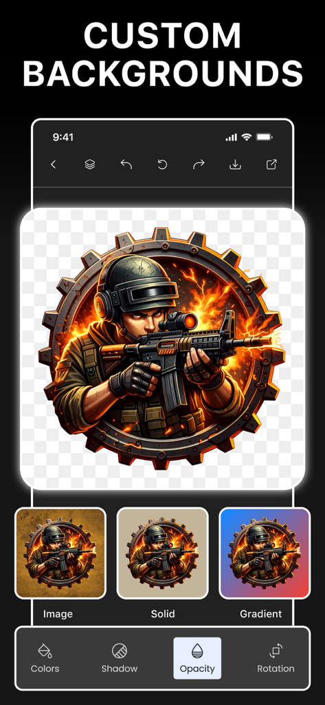 Logo Maker: Poster & Flyers - Interfaz de la app Logo Maker mostrando opciones de fondo personalizadas como sólido, degradado e imagen para un diseño de logo de gaming