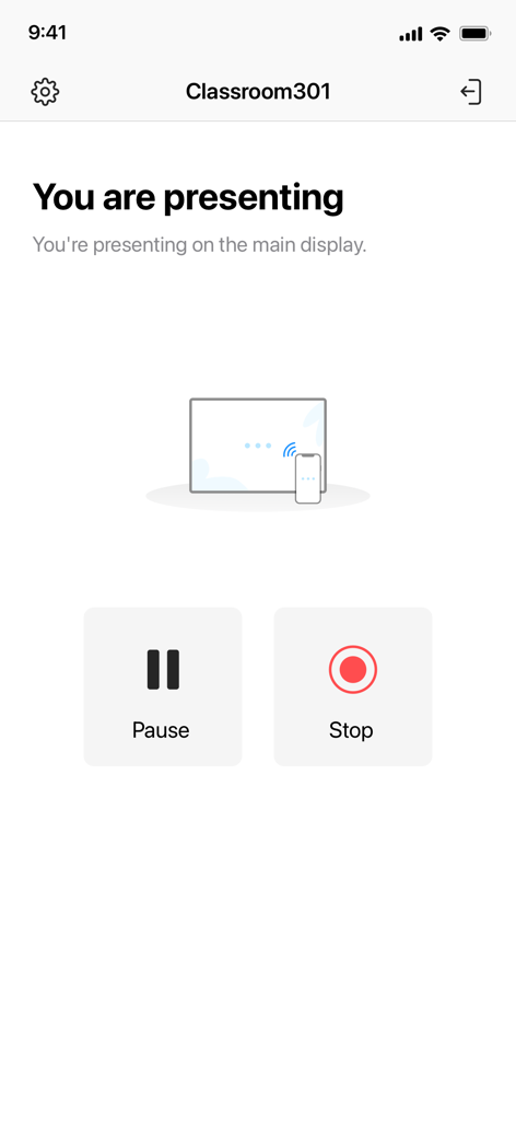 Newline Cast app showing active presentation screen with pause and stop buttons.