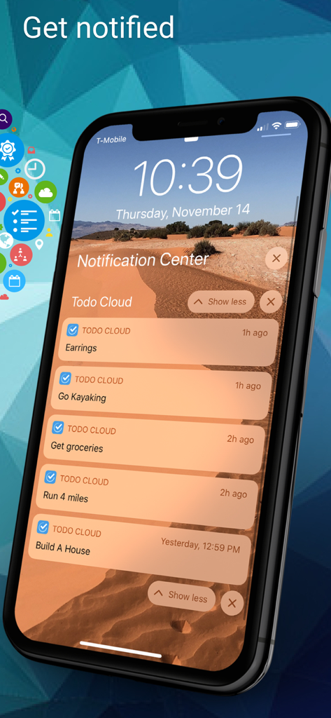 La pantalla de bloqueo de un iPhone muestra múltiples recordatorios de tareas y notificaciones de la aplicación Todo Cloud.