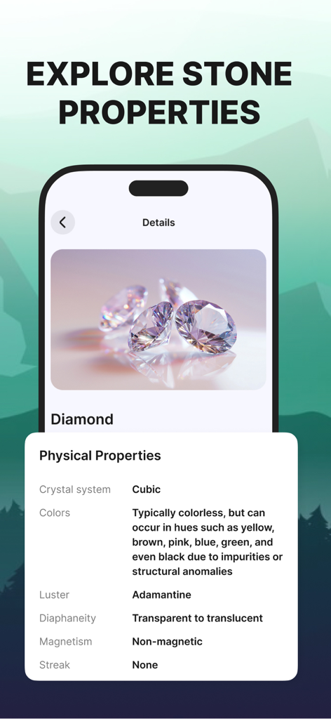 Rock Finder: Stone Identifier - Screenshot of Rock Finder app displaying physical properties of a diamond such as crystal system, luster, and magnetism.