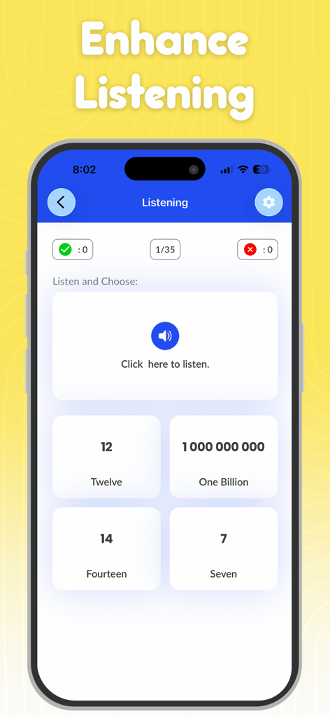 A listening practice screen in the Learn Spanish app for identifying numbers