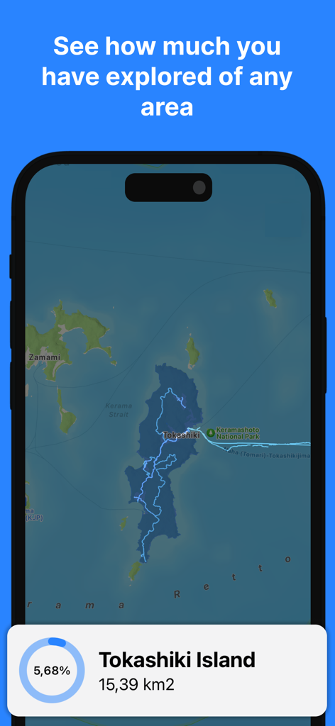Been To - Track Your Places - A map of Tokashiki Island in the Been To app showing five point sixty eight percent exploration progress
