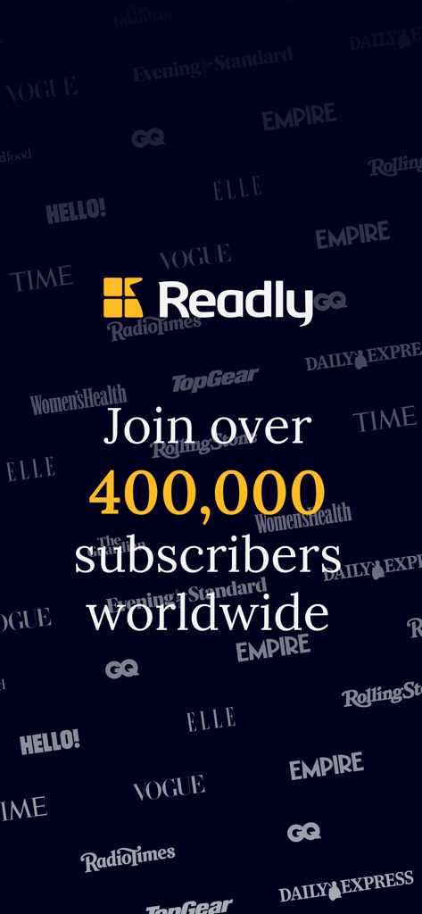 Readly: Newspapers & Magazines - Readly app screen featuring over 400,000 subscribers and various magazine logos