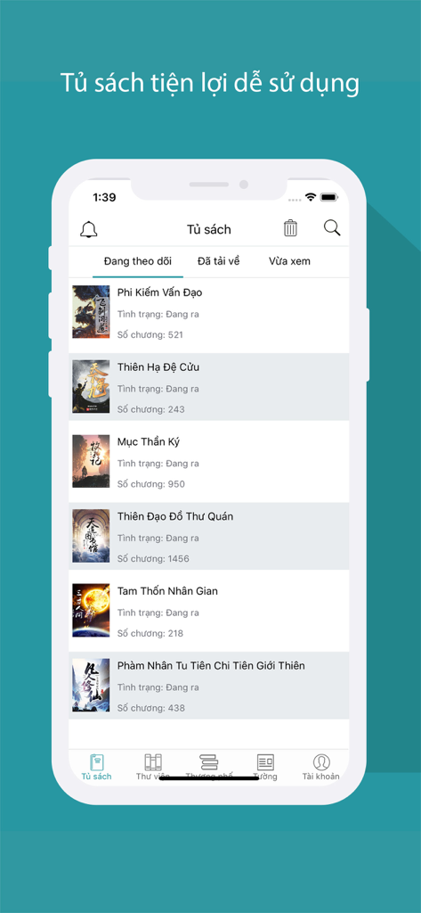 Bookshelf interface of the Tàng Thư Viện app showing a list of followed novels