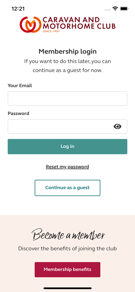 Caravan and Motorhome Club - Membership login and registration screen for the Caravan and Motorhome Club app