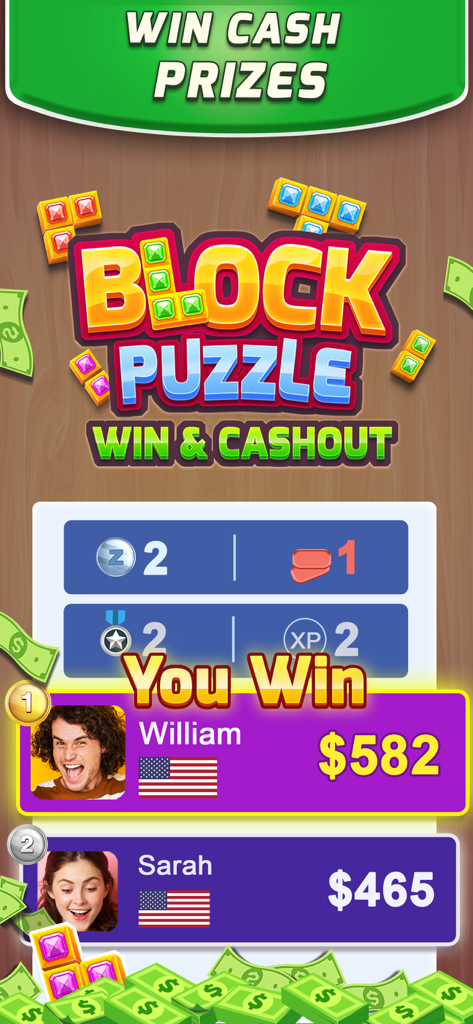 Block Puzzle: Win & CashOut - Leaderboard of Block Puzzle Win and CashOut showing players earning cash prizes