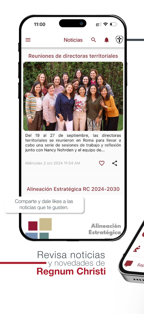 News feed screen of the Consagradas Regnum Christi app featuring community updates and territorial directors news