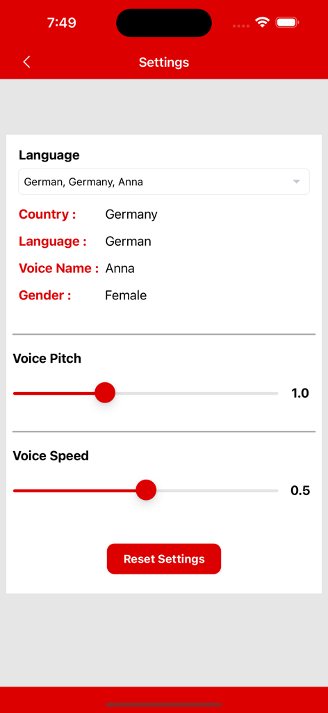 Write German Alphabet - ドイツ文字アプリの設定画面。発音の声のピッチと速度を調整するオプションが表示されています。