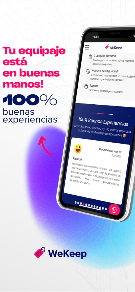 WeKeep: Luggage Storage - iPhone screen displaying the WeKeep luggage storage app interface with a customer review and safety features description