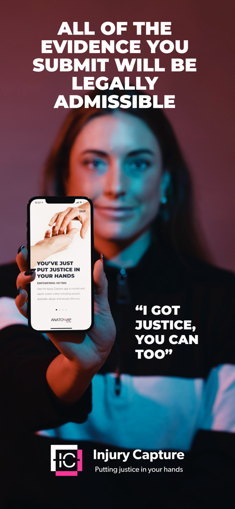 Injury Capture - A woman holding a smartphone displaying the Injury Capture app with text stating that submitted evidence will be legally admissible.