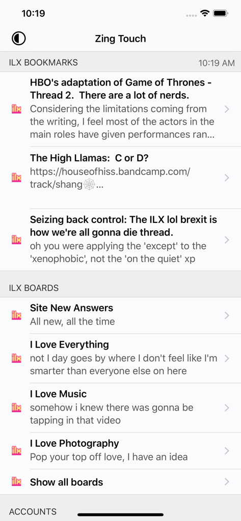 The Zing Touch mobile app interface displaying a list of bookmarked forum threads and ILX discussion boards.