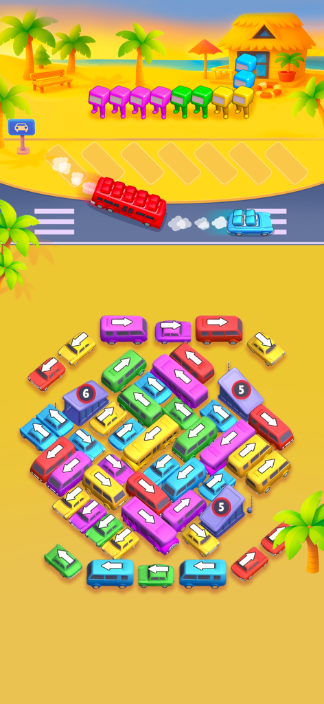 Bus Fever - Car Parking Jam - Colorful car parking jam puzzle with passengers waiting for a bus in a beach setting