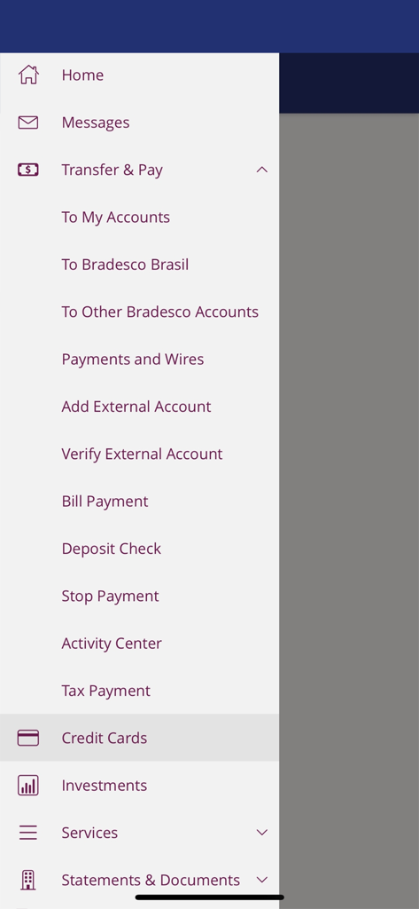 Bradesco Bank - Side menu of the Bradesco Bank mobile app showing options for transfers payments and credit cards