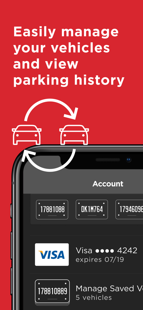 Interface de l'application Premium Parking pour la gestion des véhicules et la consultation de l'historique de stationnement.
