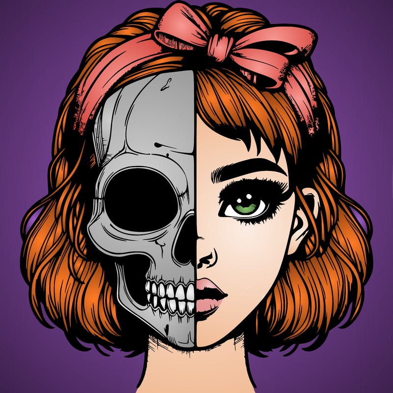 realistic girl with half skull mask