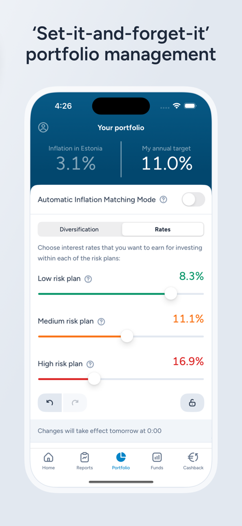 Écran du portefeuille de l'application Quanloop Funds montrant les paramètres du plan de risque et les taux d'intérêt.