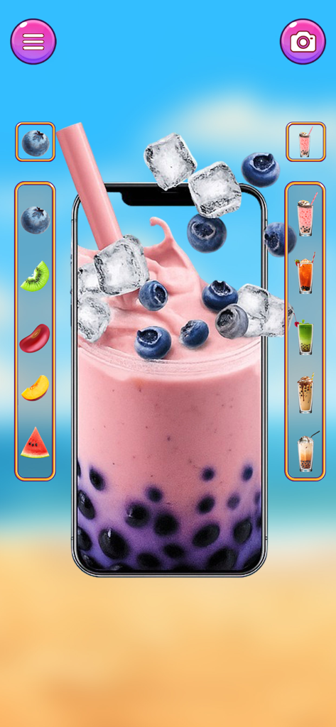 Boba Tea Maker: Bubble Recipe - ボバティーメーカーのモバイルアプリインターフェース。ブルーベリーと角氷が入ったカスタムピンクのドリンクが表示されています