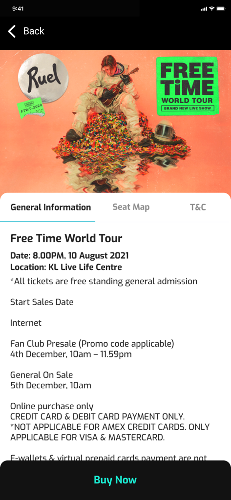 GoLive Ticketing - Event information page for a concert tour on the GoLive Ticketing mobile app