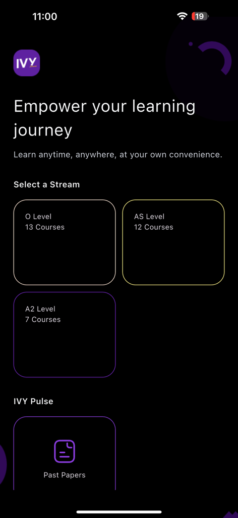 IVY Online - Learning Platform - The main dashboard of the IVY Online app showing course streams for O Level AS Level and A2 Level students