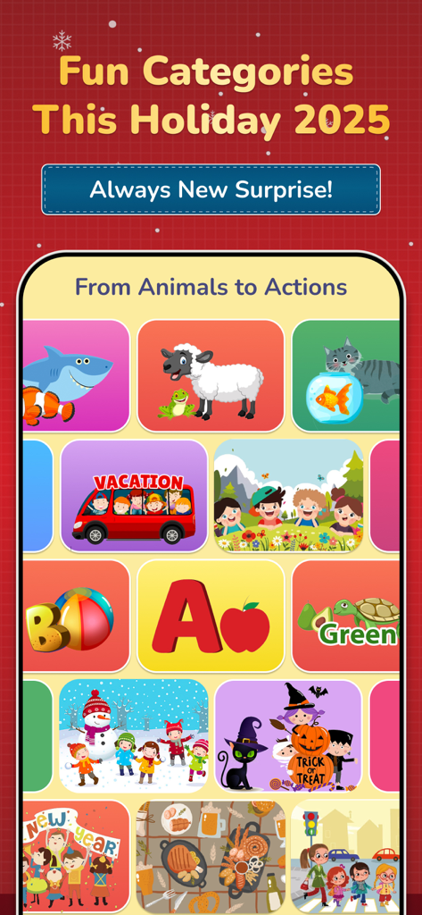 Charades Kids: Act it out - A variety of colorful picture-based categories for the Charades Kids mobile app featuring animals holidays and everyday actions