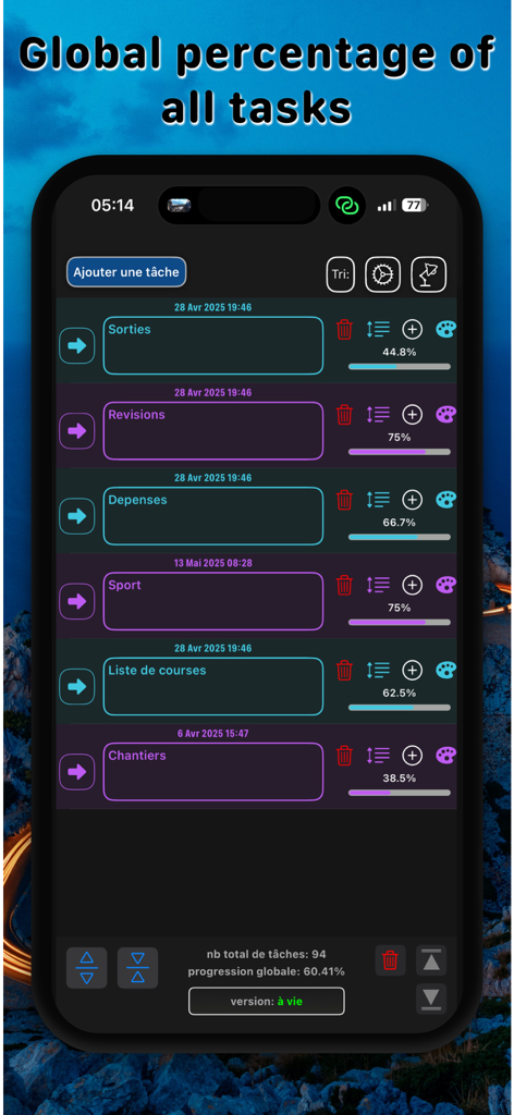 Écran d'application mobile affichant une liste de tâches avec des barres de progression visuelles et des pourcentages d'achèvement.