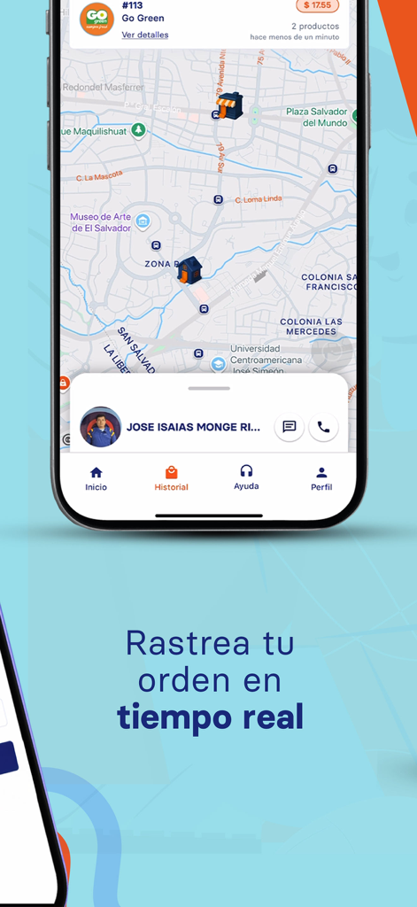 Screenshot of Weris app displaying real-time tracking of a food delivery on a map in San Salvador