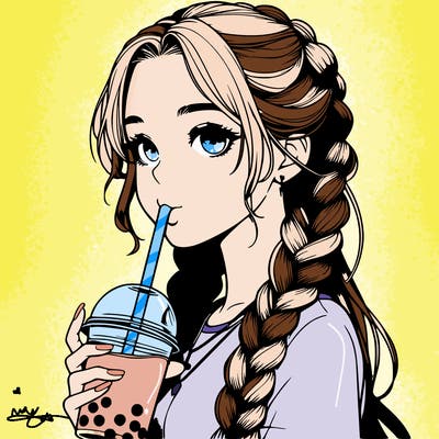 realistic girl with braided hair drinking boba