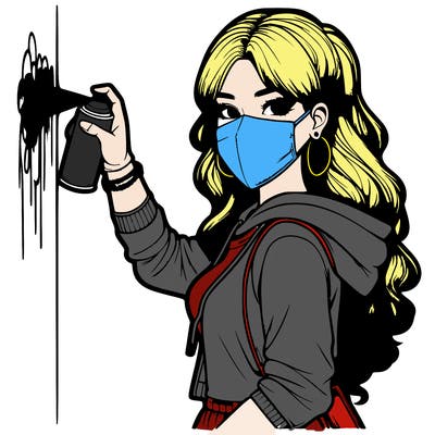 realistic girl with mask spray painting a wall