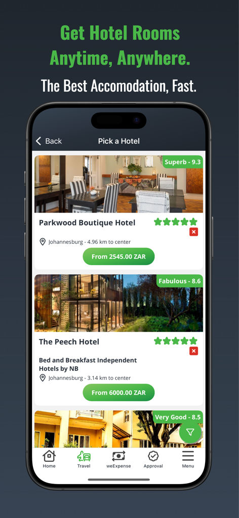 Eine mobile Benutzeroberfläche der Travelit App zeigt Hotelein sucheergebnisse mit Bewertungen und Preisen für Geschäftsreisende