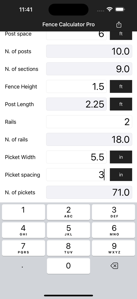 Interface of Fence Calculator Pro app showing material calculations for posts rails and pickets