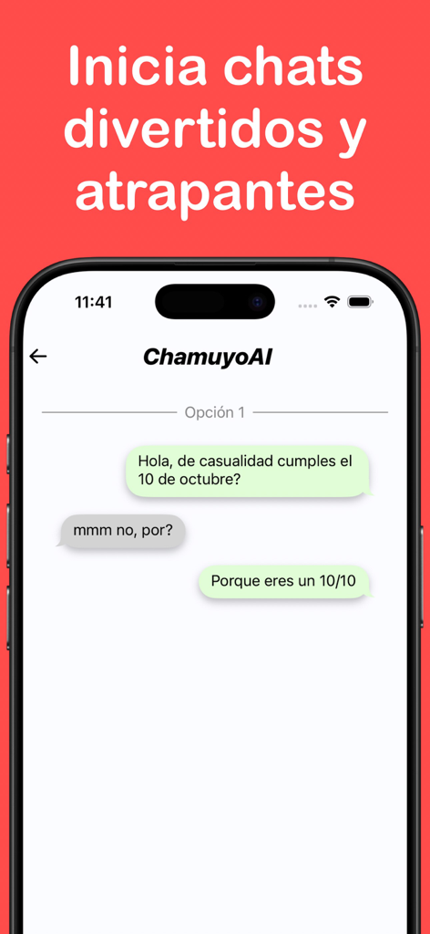 Chamuyo AI - Pantalla de iPhone mostrando una conversación de chat con una frase ingeniosa generada por la app Chamuyo AI