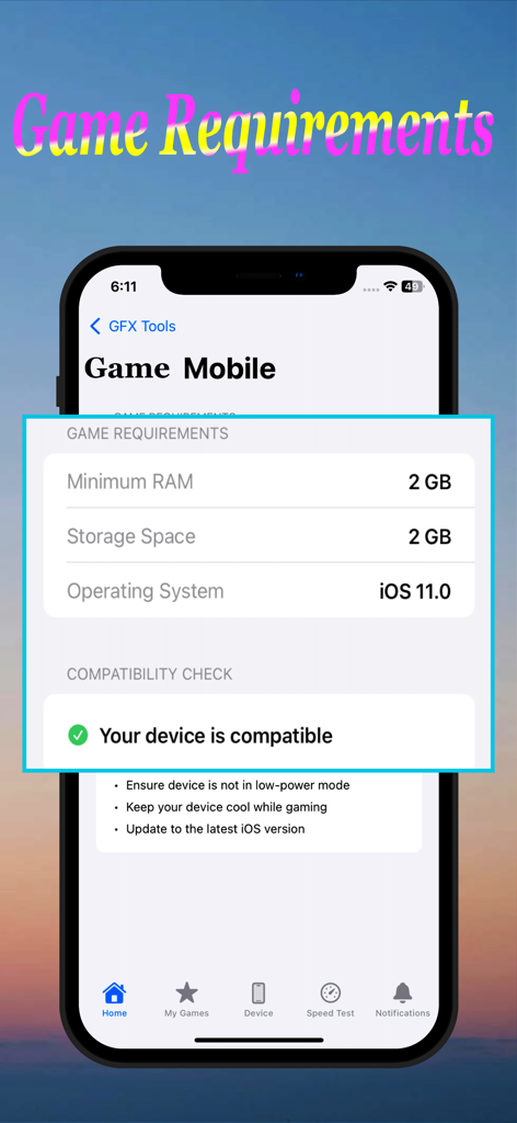Gfx Tool for PUBG and Games - A smartphone screen showing the game requirements and device compatibility check within the GFX Tool app.