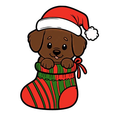 cute puppy wearing santa hat in socking