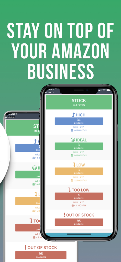 Interfaccia dell'app Shopkeeper che mostra i livelli di scorte di inventario per venditori Amazon con categorie come alto, ideale, basso e esaurito