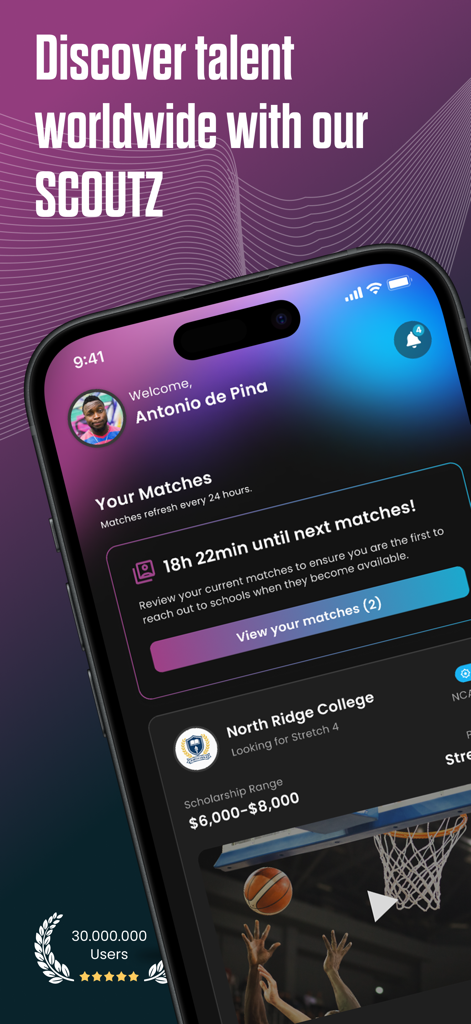 Scoutz App - Scoutz App mobile interface showing basketball scholarship matches and player scouting dashboard
