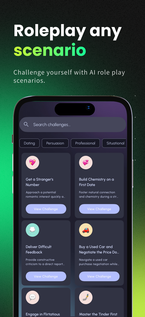 CharmXP: AI Charisma Coach - CharmXP app screen featuring AI roleplay challenges for dating professional and situational social skill improvement
