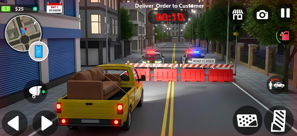 Courier Delivery Simulator - A yellow pickup truck carrying a sofa faces a police roadblock in Courier Delivery Simulator