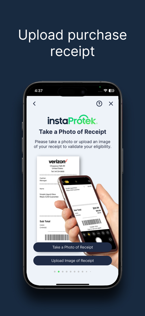 iPhone screen showing the instaProtek app's purchase receipt upload page for warranty eligibility verification.
