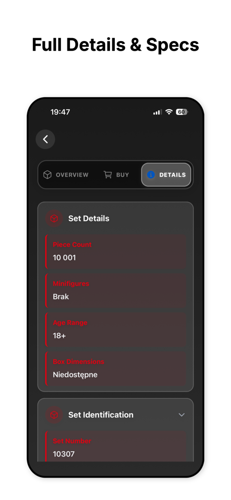 Scanner For Lego Sets - Uma tela móvel mostrando especificações detalhadas de um conjunto Lego, incluindo contagem de peças e número de identificação do conjunto