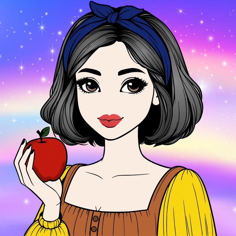 a woman with medium short hair, wearing a headband with a small bow, carrying an apple in her hand, realistic