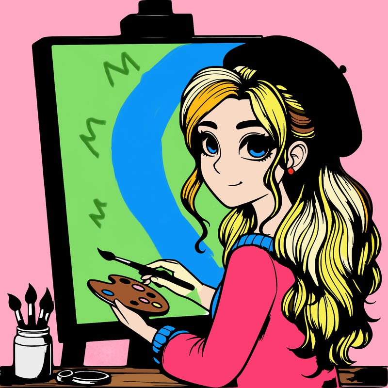 realistic girl artist painting a blank canvas