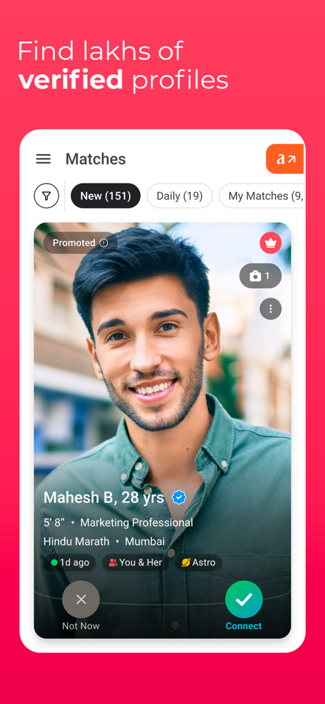 Shaadi.com app interface showing a verified male profile with details like profession and community