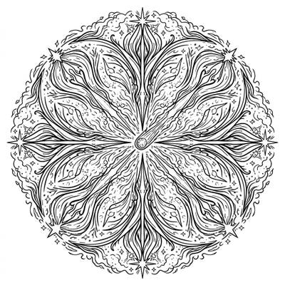 Dive into the mesmerizing beauty of the cosmos with this stunning Comet Tails Mandala coloring page. Its intricate radial design, featuring a central comet and swirling celestial patterns, promises hours of relaxing and creative artistry.
