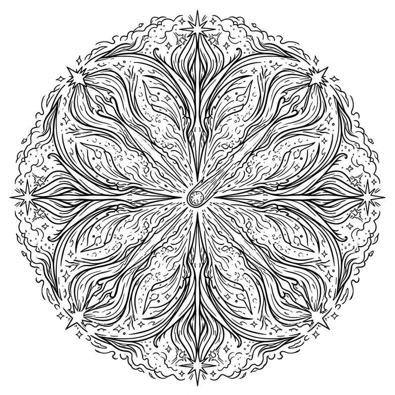 Dive into the mesmerizing beauty of the cosmos with this stunning Comet Tails Mandala coloring page. Its intricate radial design, featuring a central comet and swirling celestial patterns, promises hours of relaxing and creative artistry.