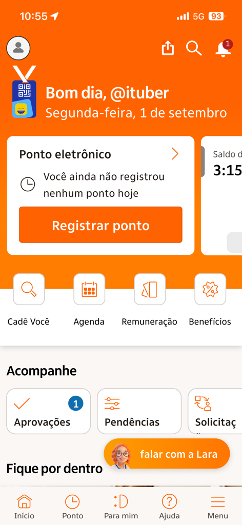 Tela inicial do aplicativo IU Conecta com relógio eletrônico de ponto e serviços de RH para funcionários