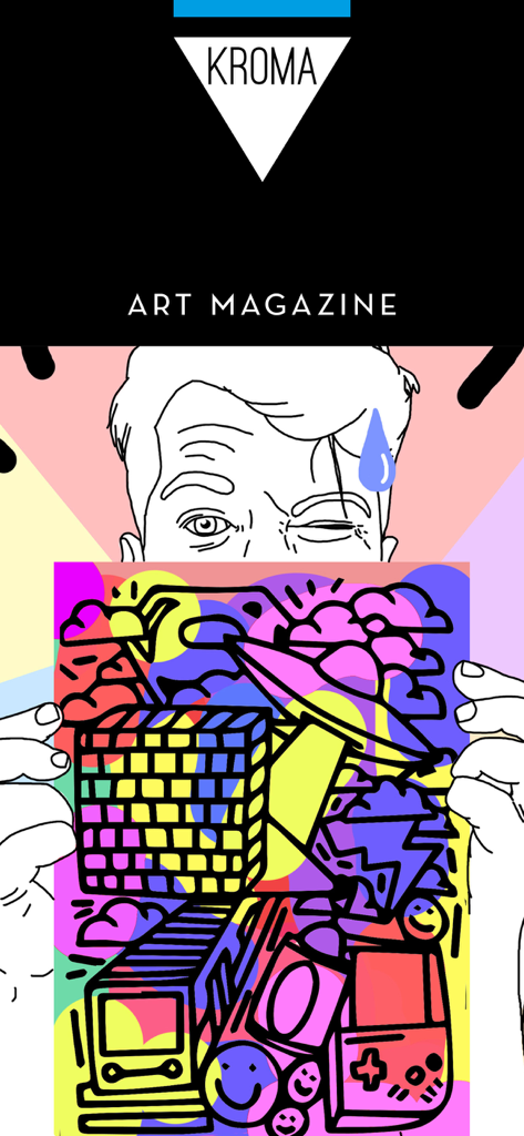 KROMA Magazine - A colorful hand drawn illustration from KROMA Art Magazine showing a person holding a vibrant artwork.