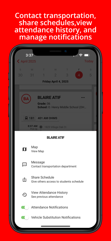 Stopfinder app student menu with options to contact transportation share schedules and manage notifications